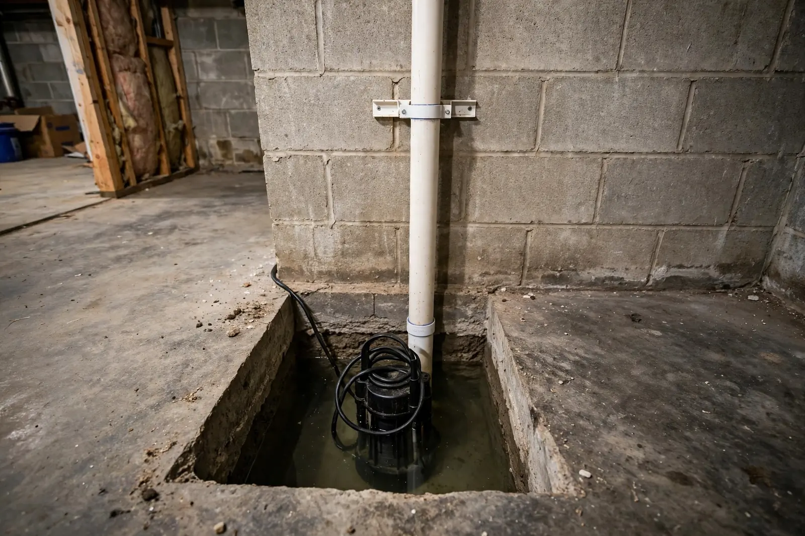 Sump pit and pump installed in a Lancaster, PA basement