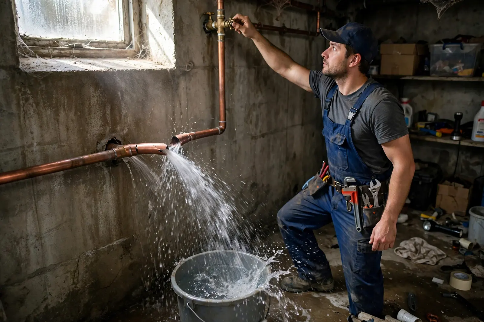Plumber repairing a burst water pipe in a Lancaster, PA home