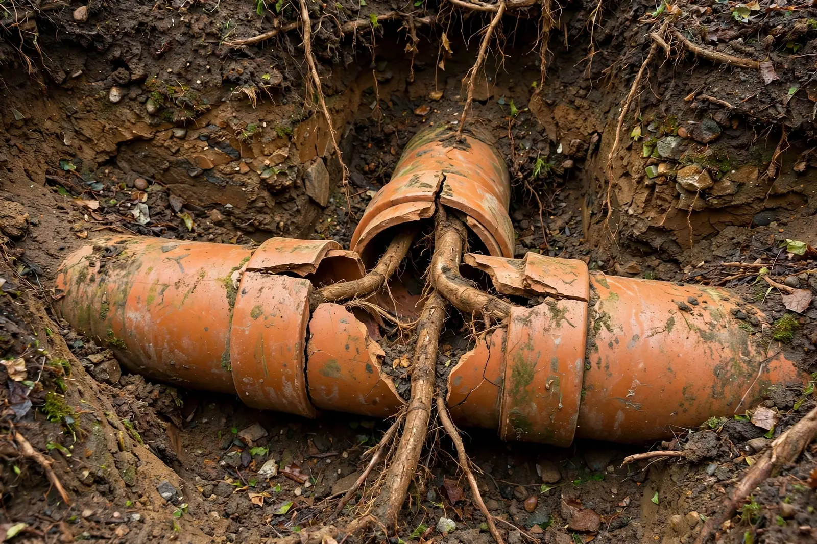 Exposed clay sewer lateral pipe with root intrusion beside an older Lancaster, PA home