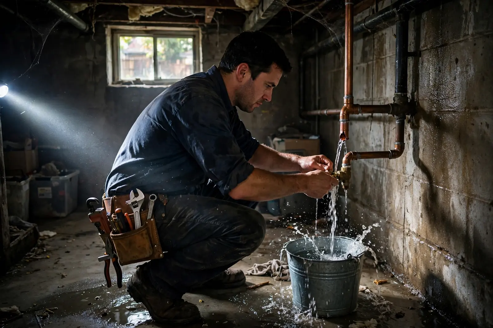 Emergency plumber shutting off water and repairing a burst pipe in a Lancaster, PA home
