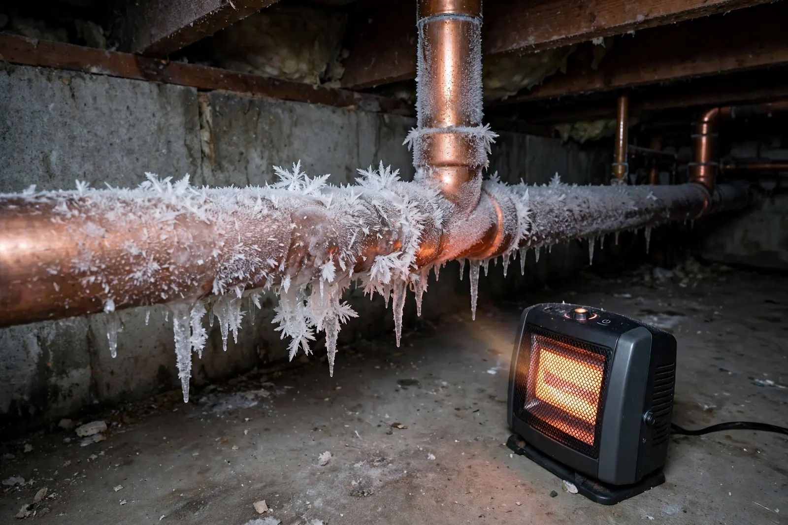 Frozen pipe at risk of bursting in a Lancaster, PA basement in winter
