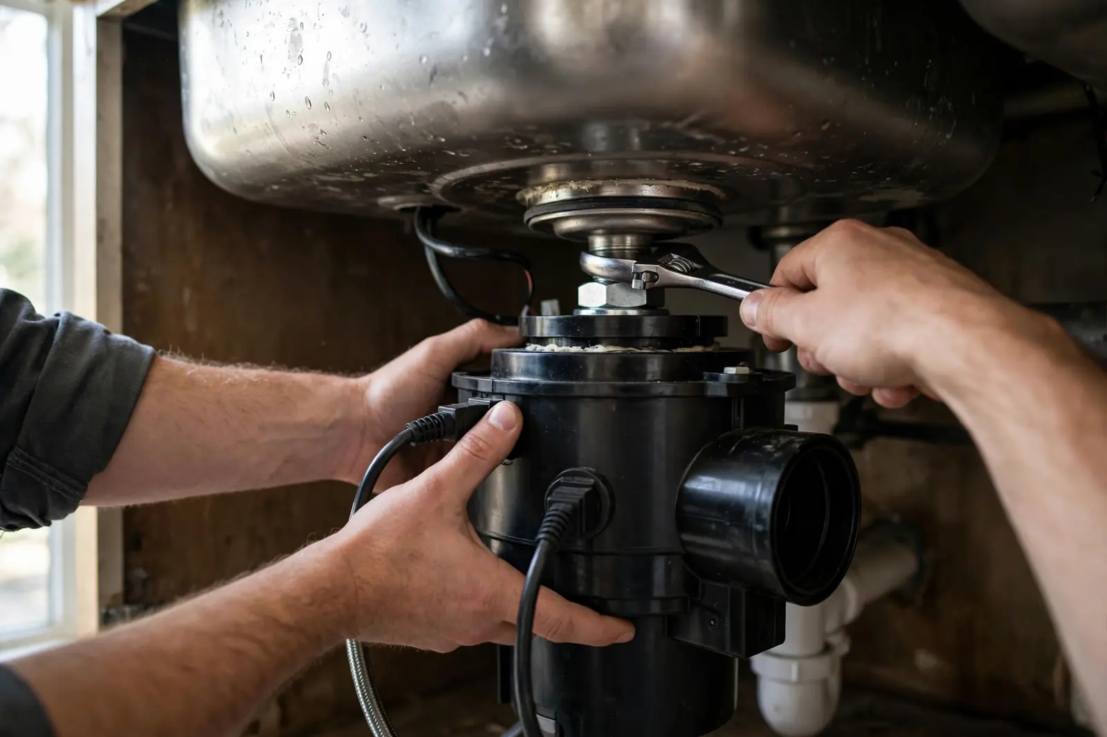 Plumber working on a garbage disposal under a kitchen sink in Lancaster, PA