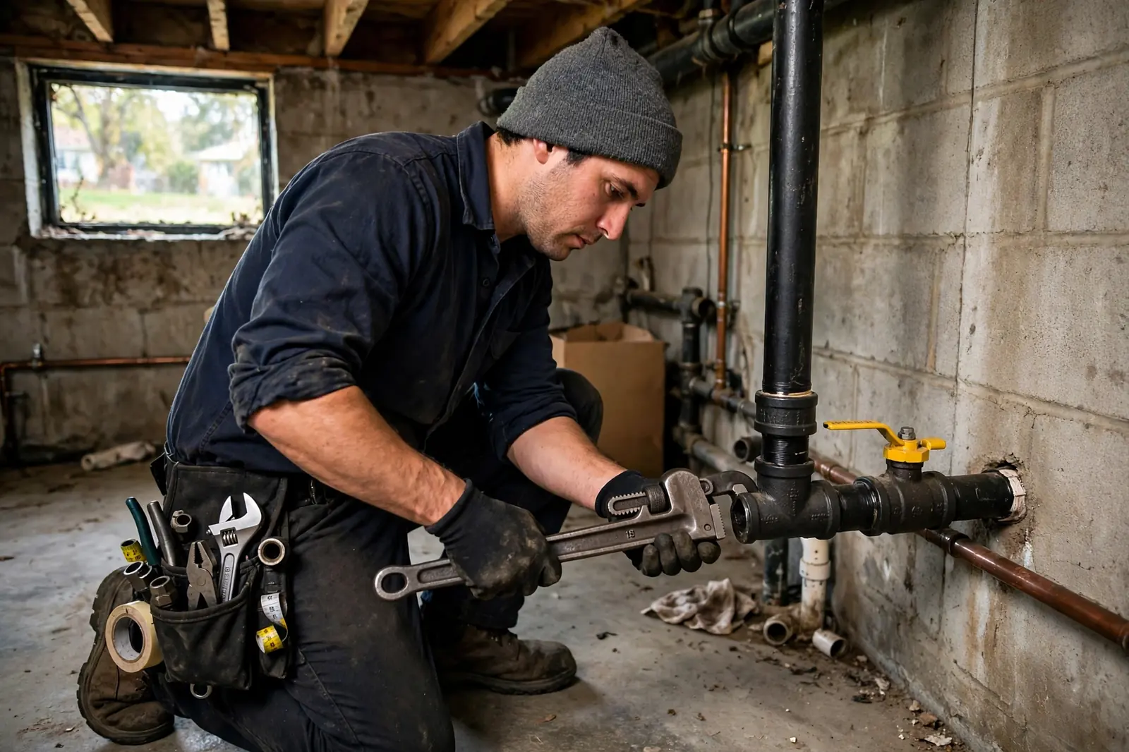 Plumber testing a gas line connection with a pressure gauge in a Lancaster, PA home