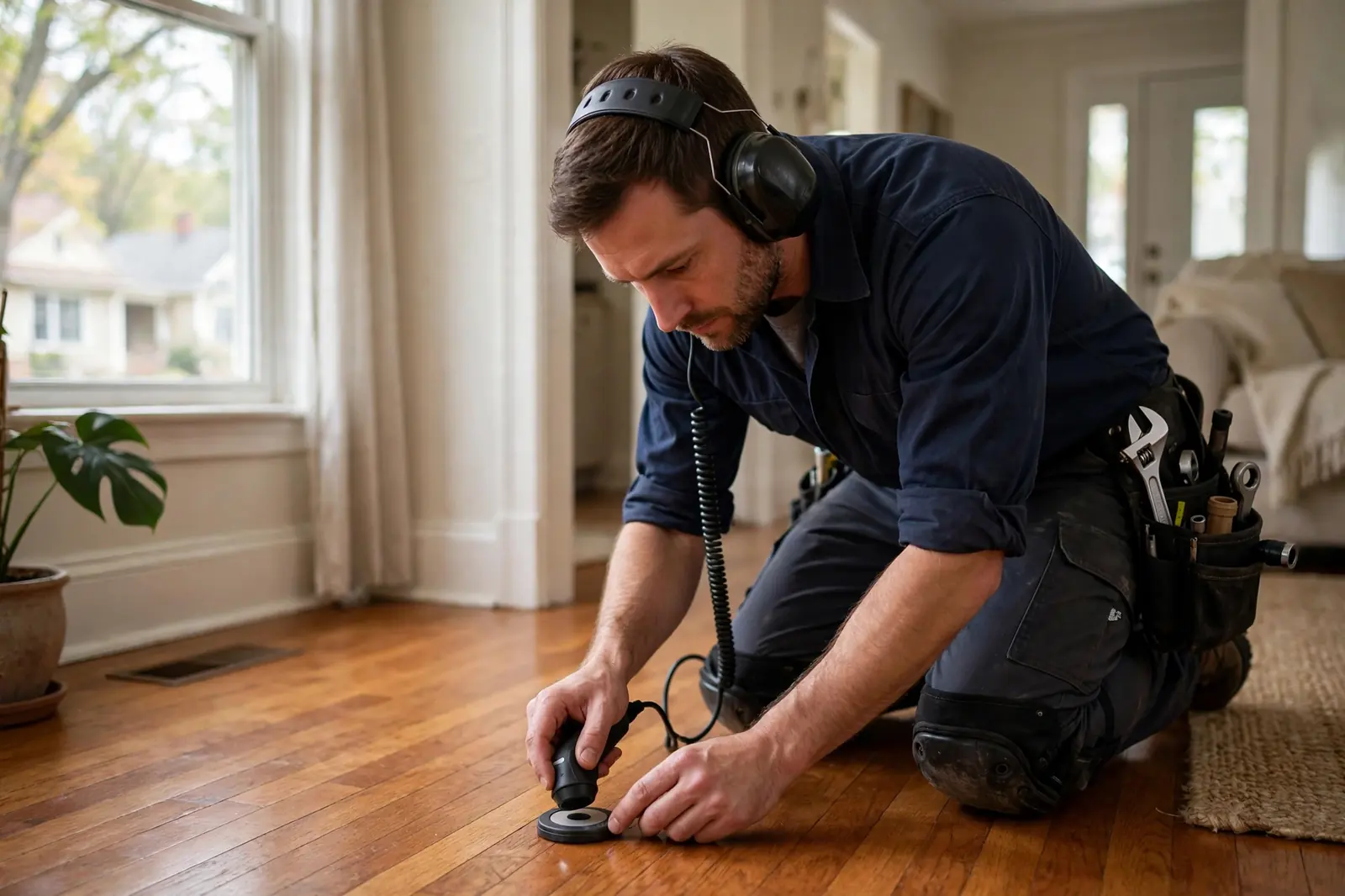Plumber using acoustic leak detection equipment on a pipe in a Lancaster, PA home