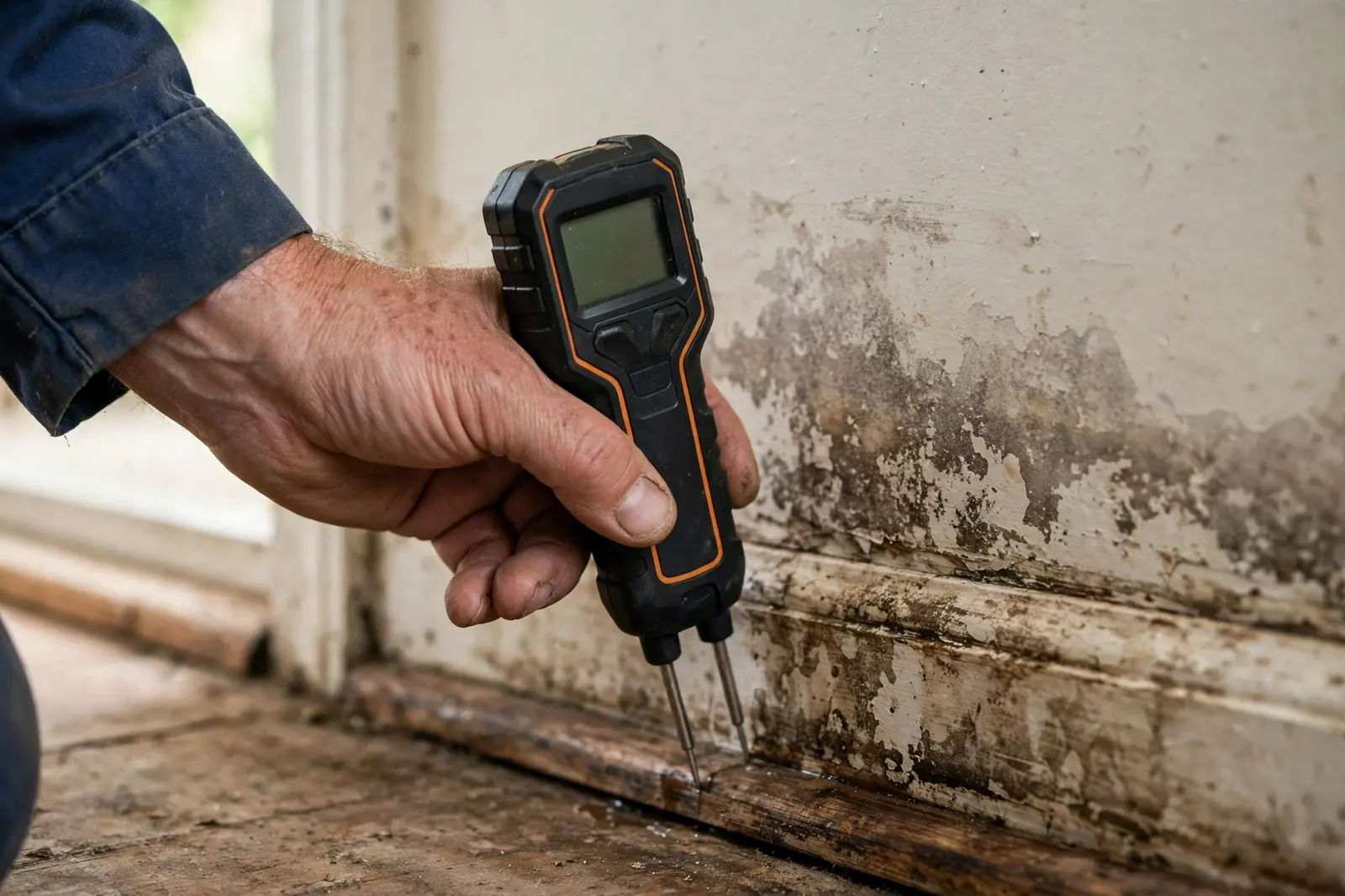 Plumber checking a wall with a moisture meter during leak detection in Lancaster, PA