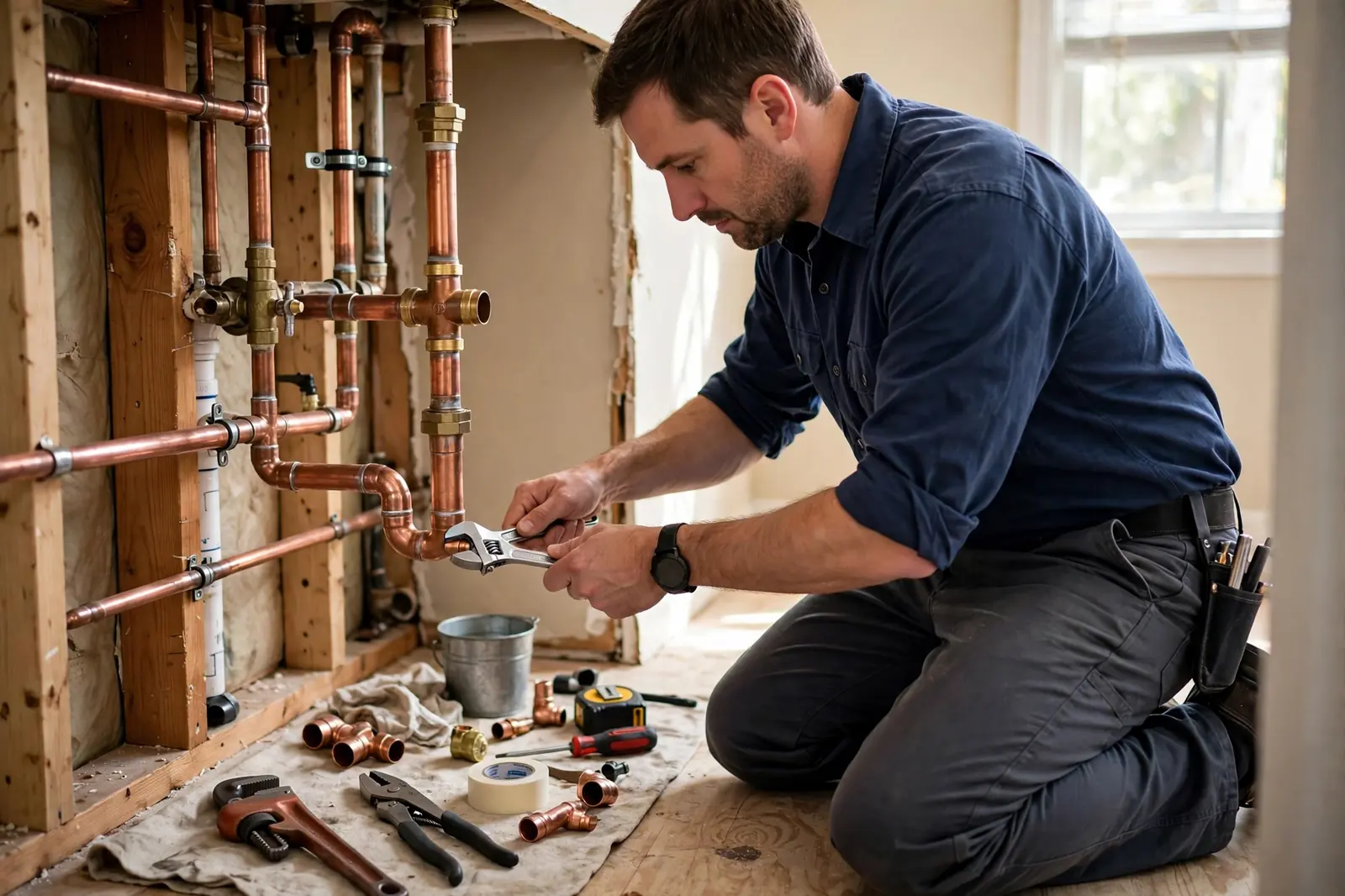 Plumber tightening a copper pipe fitting in a Lancaster, PA home