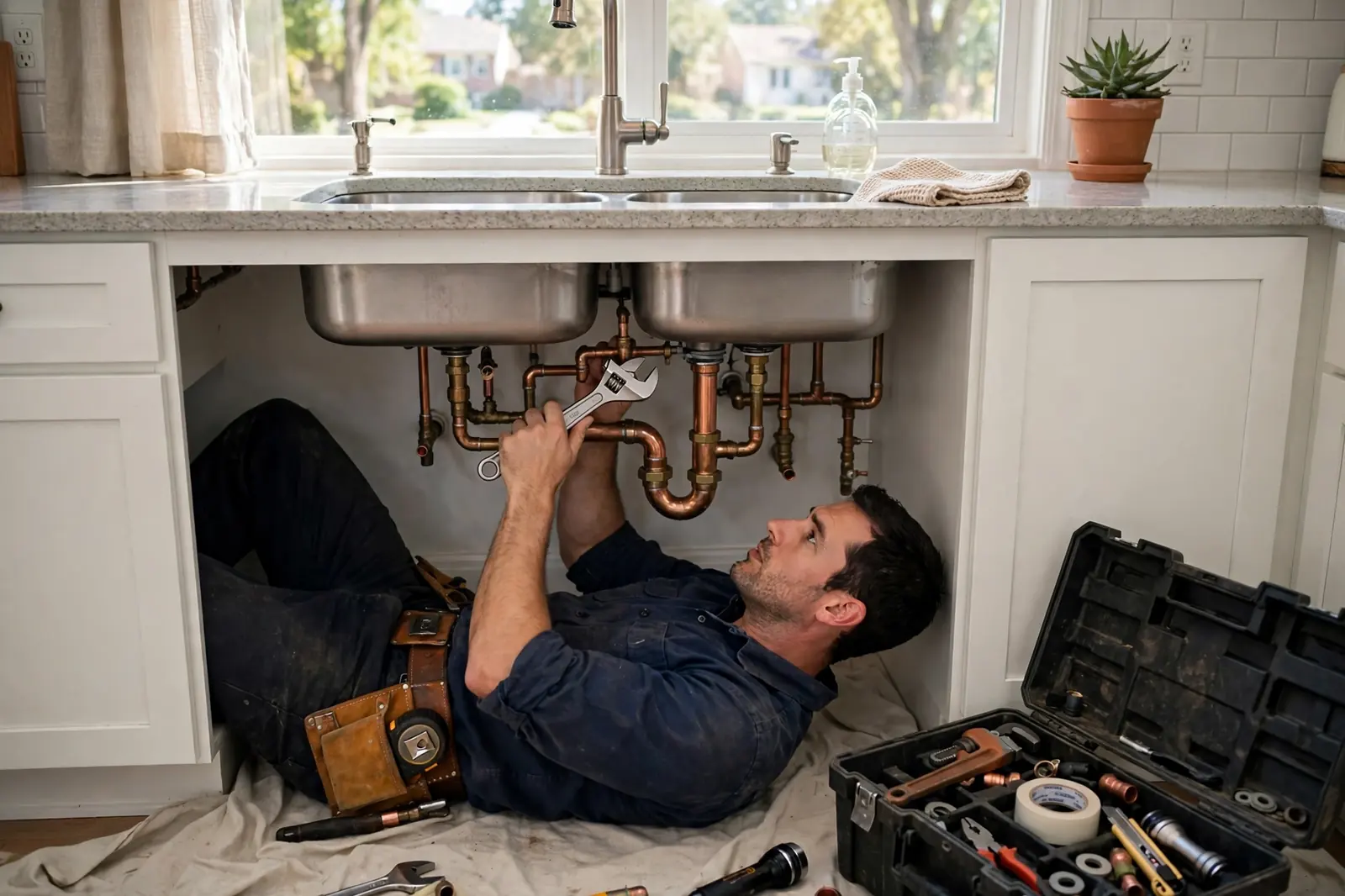 Plumber clearing a kitchen sink drain under the sink in a Lancaster, PA home