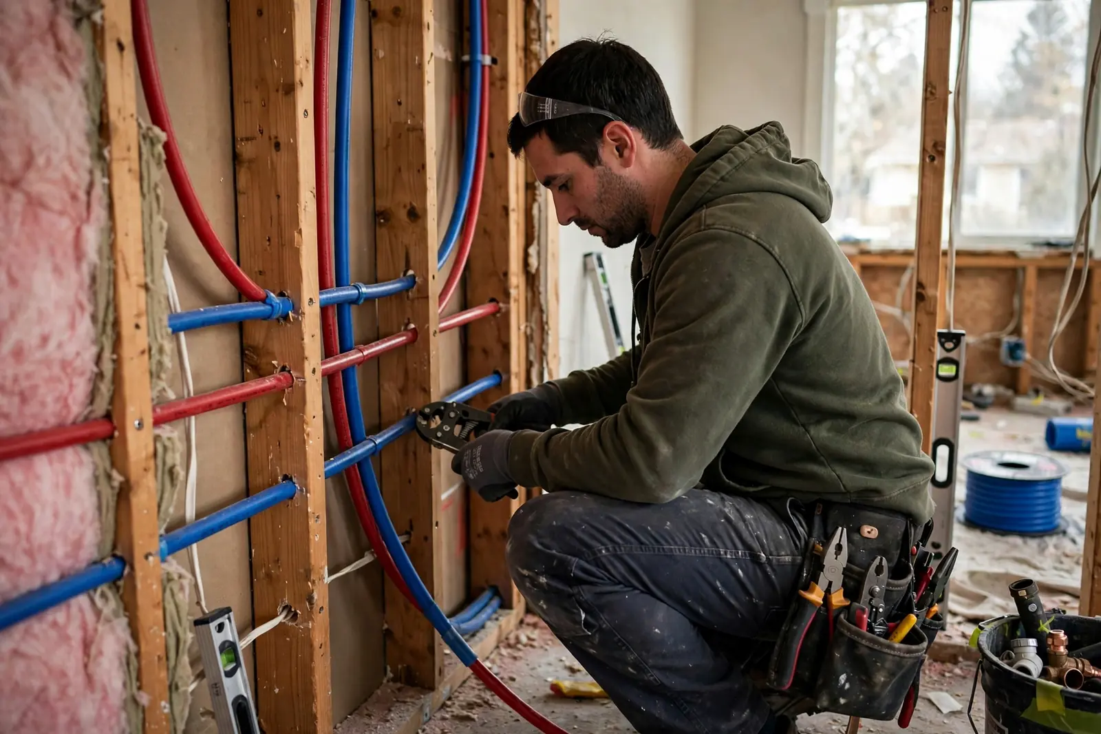 Plumber installing new water pipes during a repiping job in a Lancaster, PA home