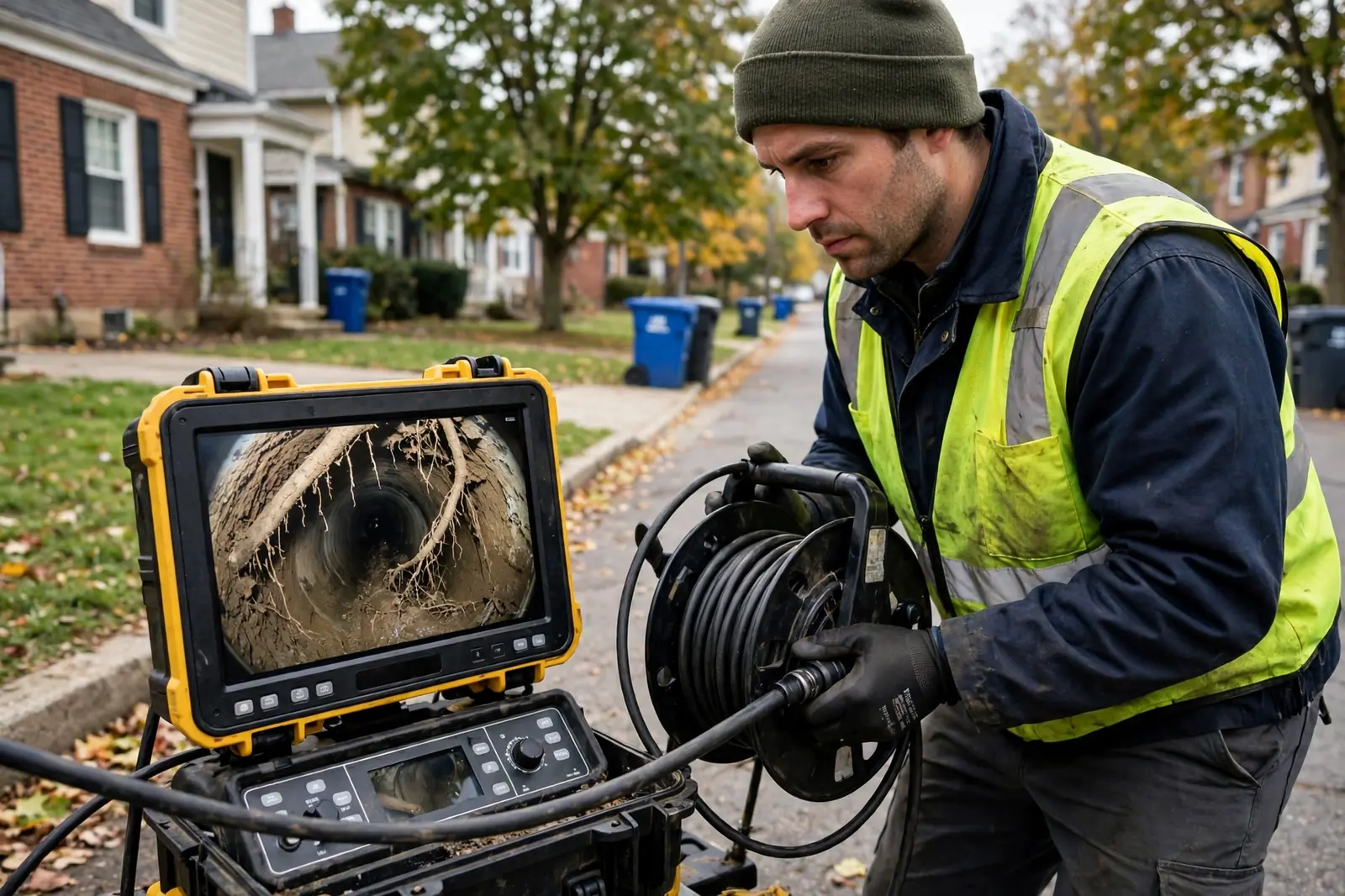 Plumber viewing a live sewer camera feed on a monitor in Lancaster, PA