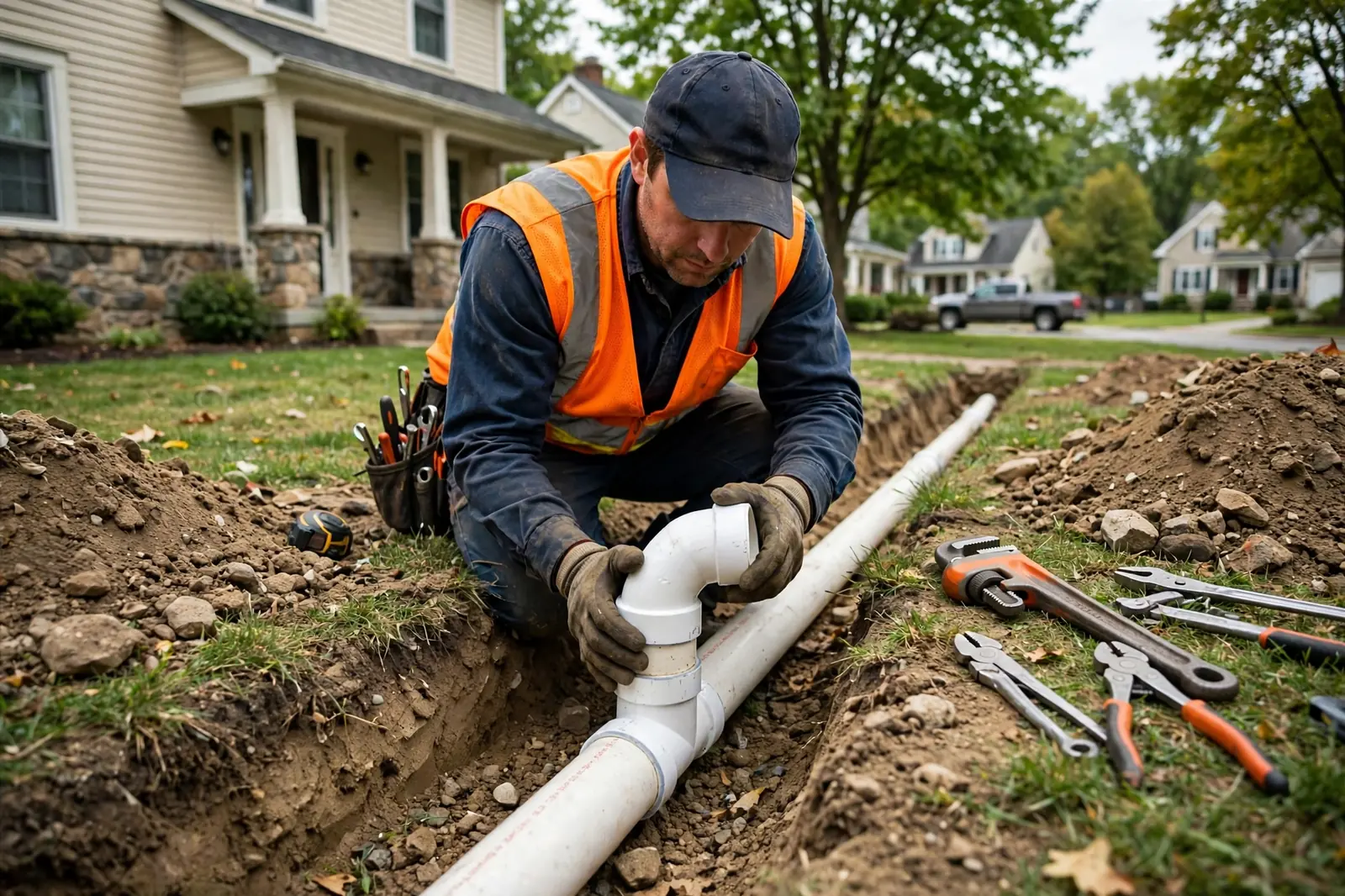 Plumber repairing a damaged sewer line in a trench outside a Lancaster, PA home