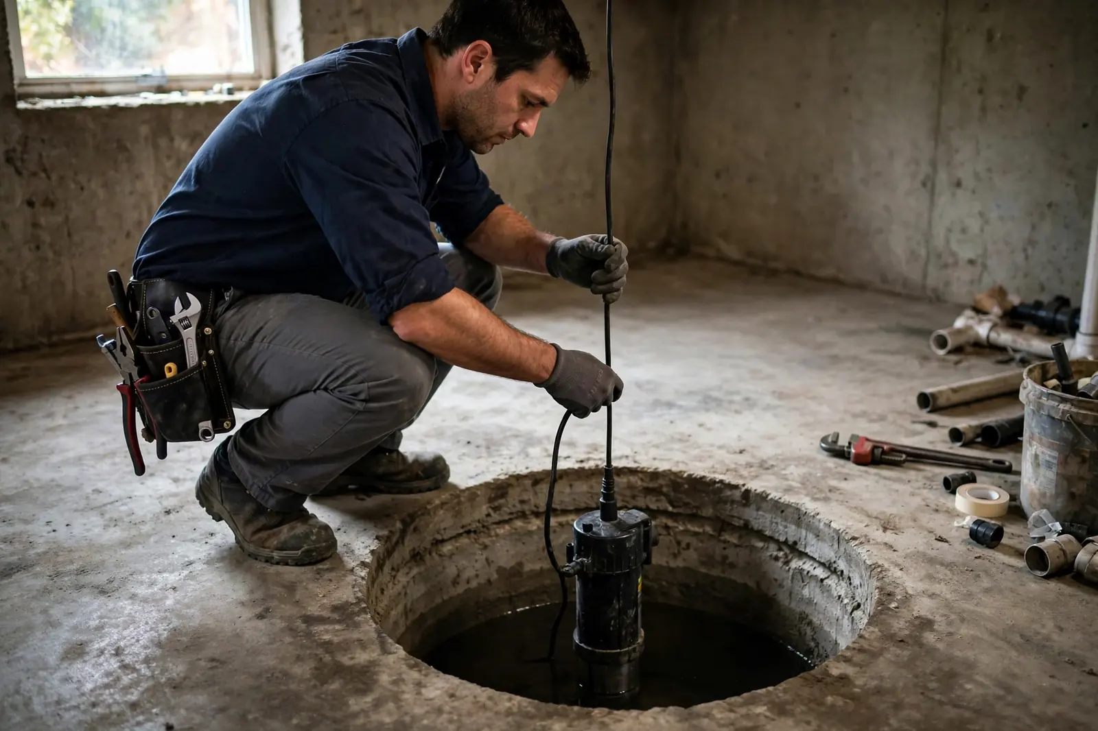 Sump pump being installed in a basement pit in a Lancaster, PA home