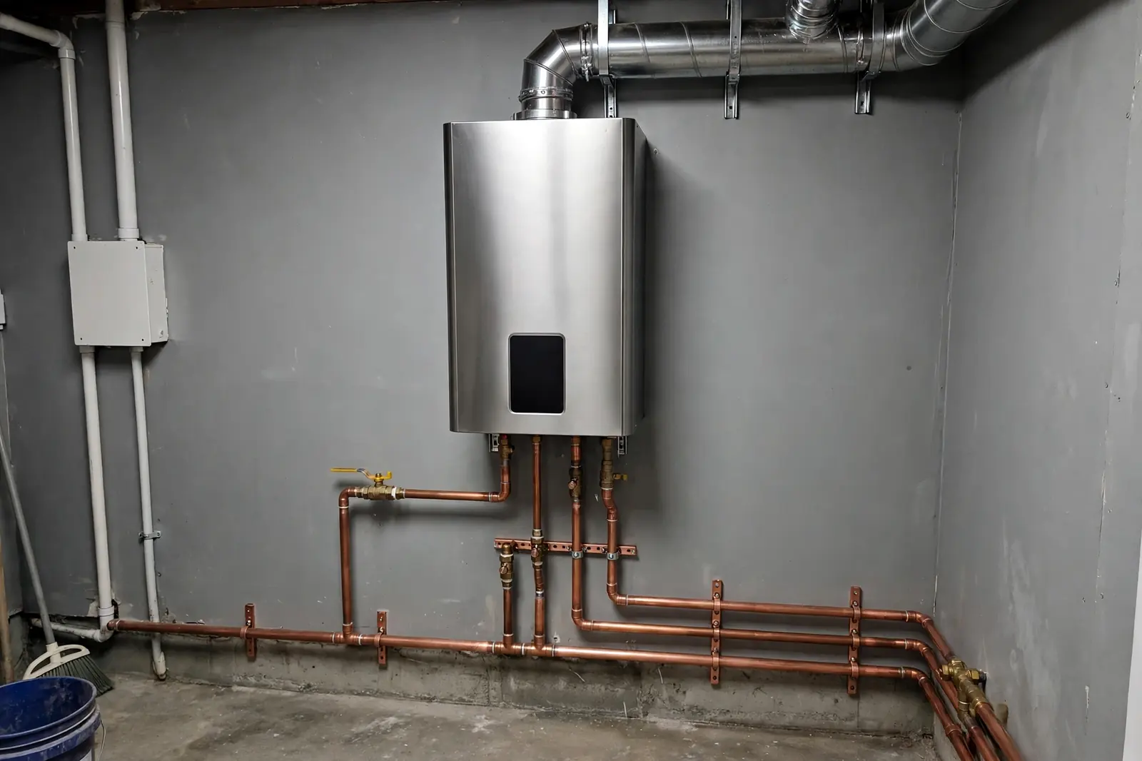 Tankless water heater mounted on a wall in a Lancaster, PA home