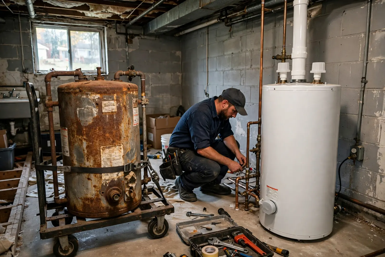 Old water heater being replaced with a new unit in a Lancaster, PA basement