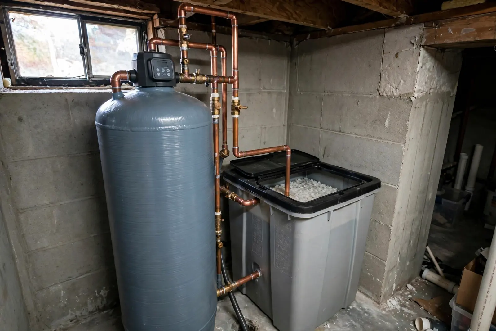 Water softener system installed beside a water heater in a Lancaster, PA home